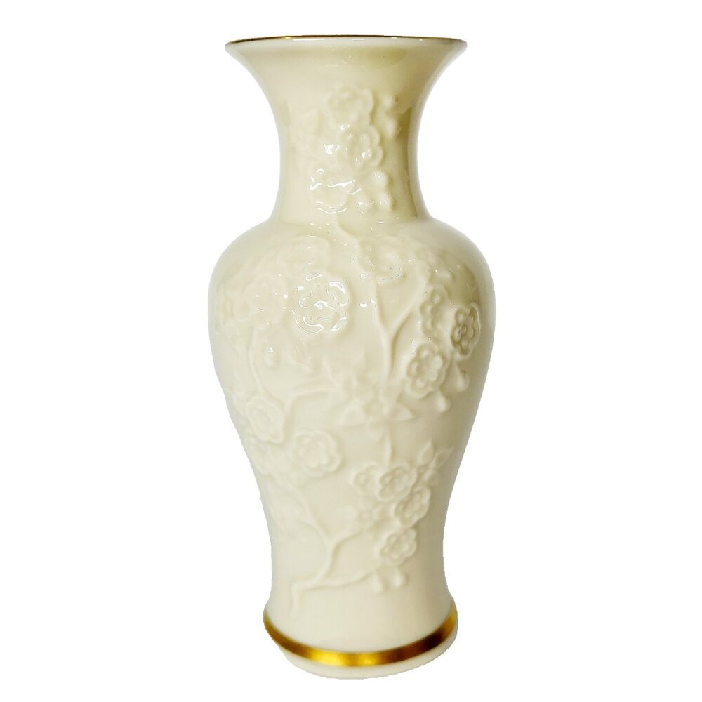Lenox Ming Blossom 6 1/2"  Vase 24K Gold Trim, Embossed Flower USA cherry 6.5 in